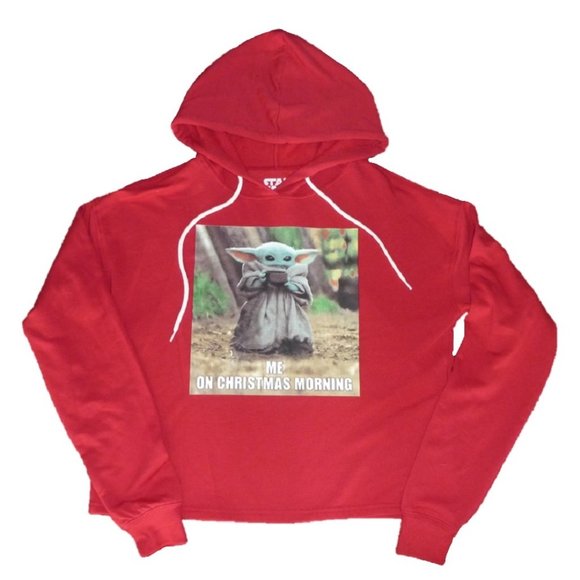 Juniors Star Wars BABY YODA "Me! On Christmas Morning" Cropped Hoodie Sweatshirt - Picture 1 of 1
